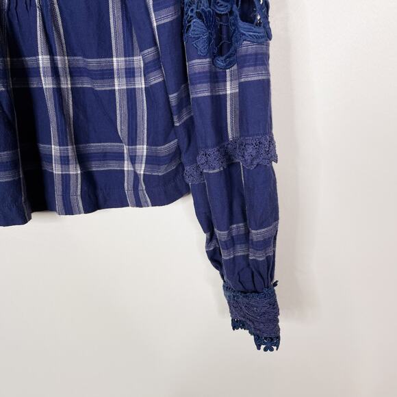 Free People S Navy Blue Darling Diana Lace Top Plaid Long Sleeve Blouse Keyhole - Picture 7 of 12